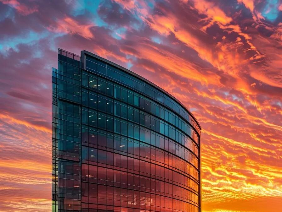 a dominating, sleek pharmaceutical building rises against a vibrant sunset, symbolizing the powerful monopoly in the medicine industry, with reflective glass panels conveying innovation and progress.