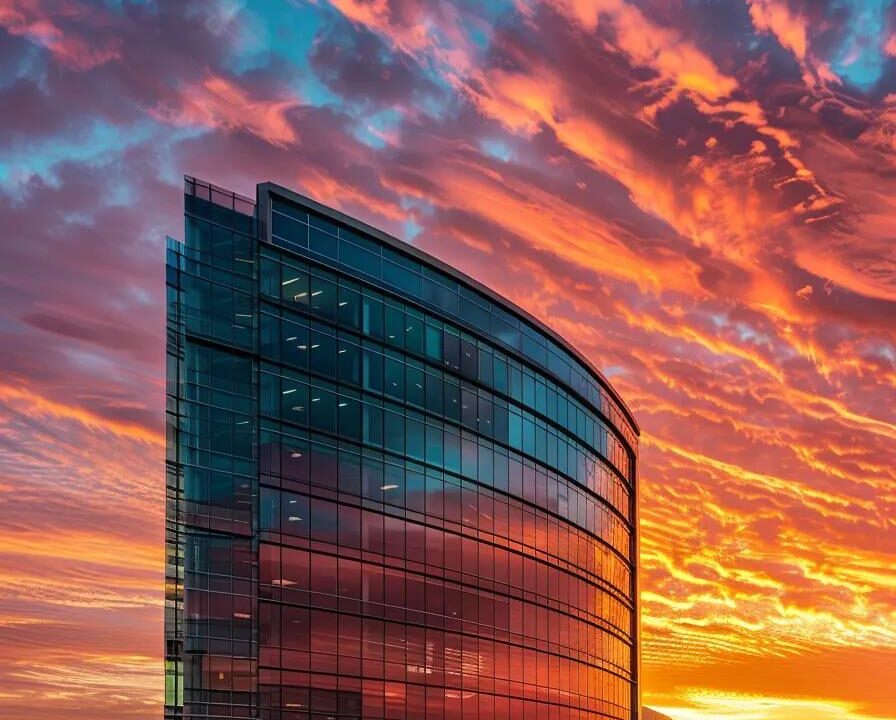 a dominating, sleek pharmaceutical building rises against a vibrant sunset, symbolizing the powerful monopoly in the medicine industry, with reflective glass panels conveying innovation and progress.