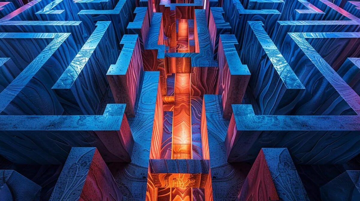 a dramatic overhead view of a highly intricate maze, with vibrant pharmaceutical symbols embedded within the pathways, symbolising the complex risks and challenges of launching a pcd pharma franchise, illuminated by soft, diffused lighting that enhances the scene's depth and intrigue.