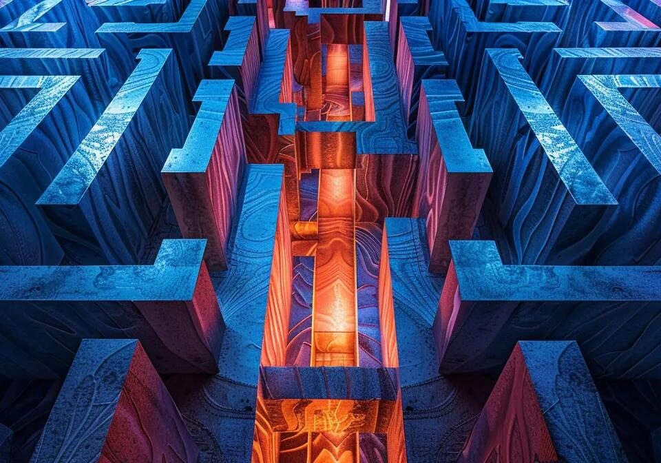 a dramatic overhead view of a highly intricate maze, with vibrant pharmaceutical symbols embedded within the pathways, symbolising the complex risks and challenges of launching a pcd pharma franchise, illuminated by soft, diffused lighting that enhances the scene's depth and intrigue.