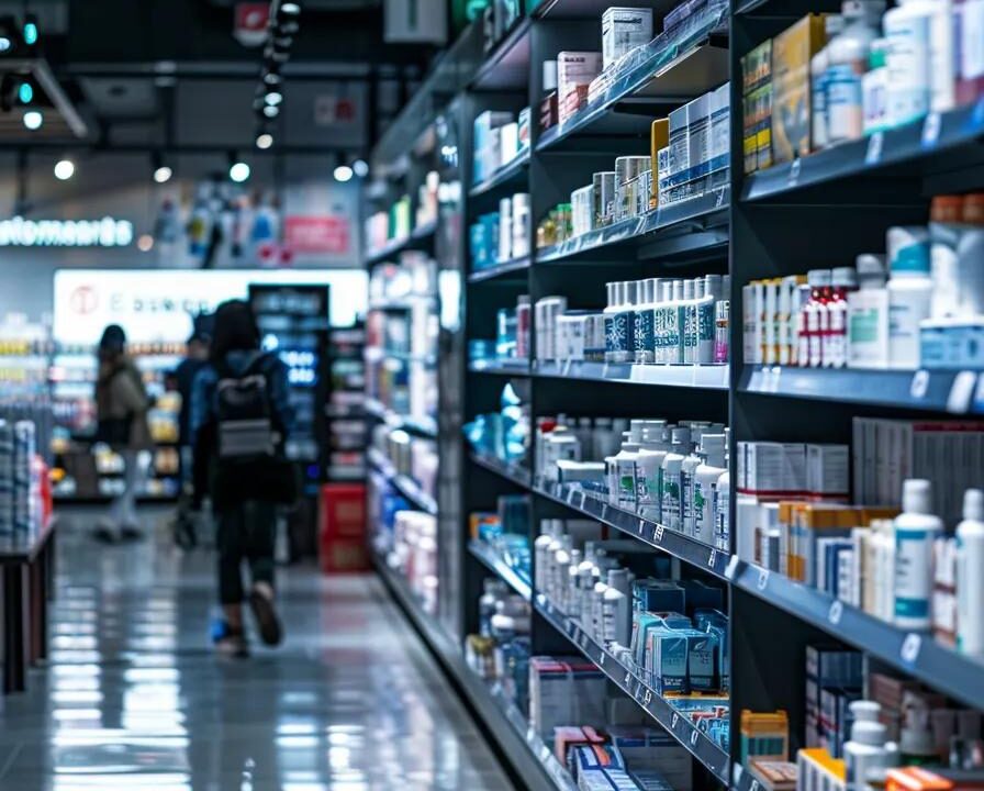 a dynamic composition showcases a bustling pharmaceutical market, with vibrant displays of ortho range products under bright, focused lighting, emphasizing the intersection of innovation and healthcare.