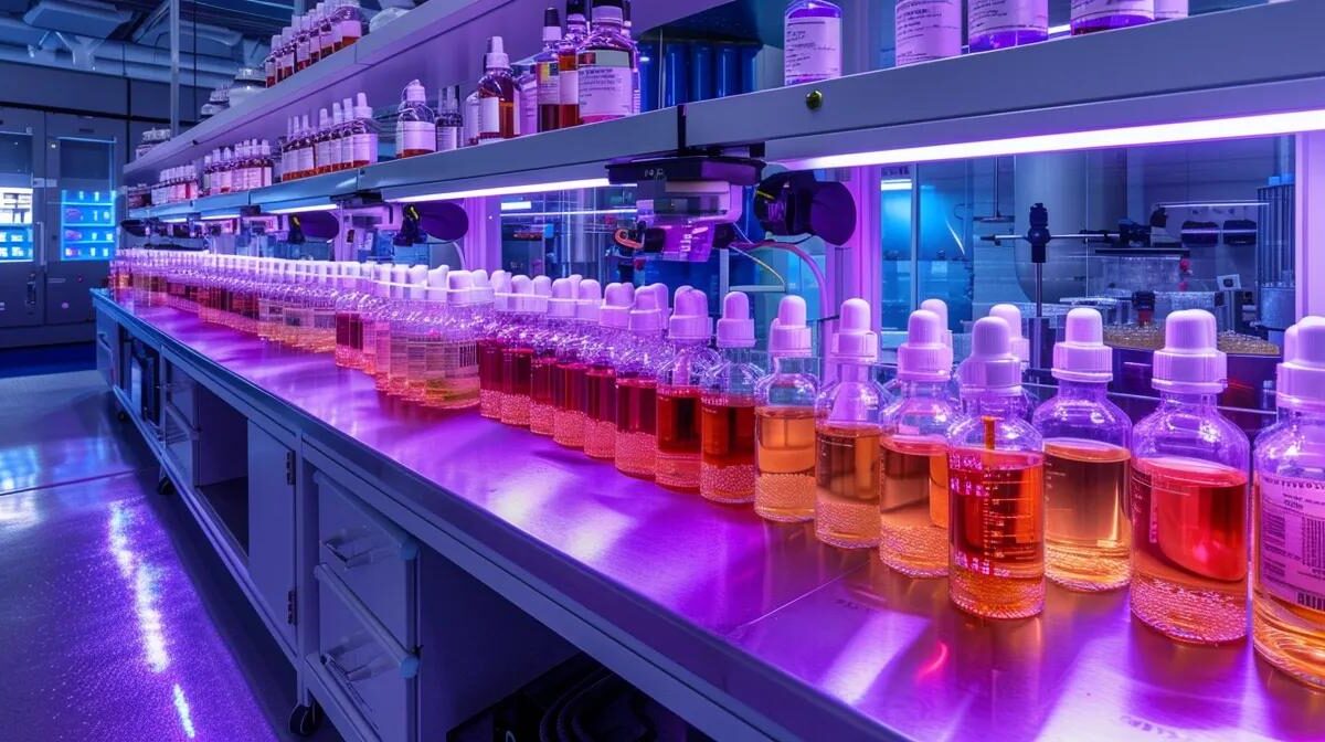 a dynamic pharmaceutical laboratory showcasing vibrant vials and equipment, illuminated by soft, focused lighting to symbolise the potential for profitable growth in the pcd pharma franchise.