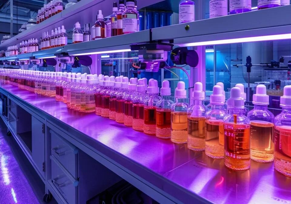 a dynamic pharmaceutical laboratory showcasing vibrant vials and equipment, illuminated by soft, focused lighting to symbolise the potential for profitable growth in the pcd pharma franchise.