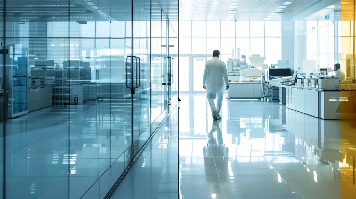 a dynamic split-screen image contrasting a bustling pharmaceutical manufacturing facility on one side with a serene office space representing the pcd pharma franchise model on the other, illuminated by natural light to highlight the essence of investment and innovation in the pharmaceutical industry.