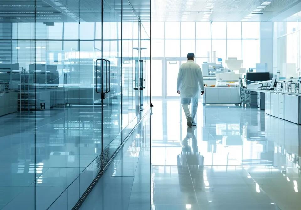 a dynamic split-screen image contrasting a bustling pharmaceutical manufacturing facility on one side with a serene office space representing the pcd pharma franchise model on the other, illuminated by natural light to highlight the essence of investment and innovation in the pharmaceutical industry.