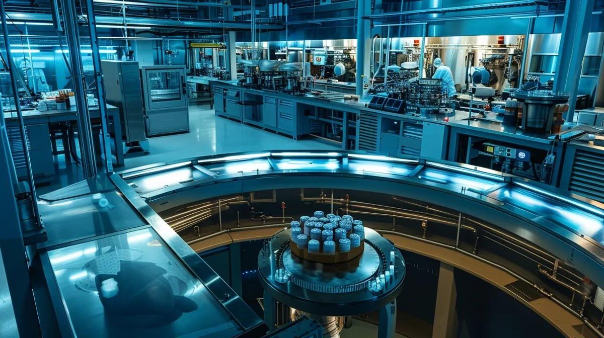 a gleaming, state-of-the-art pharmaceutical tablet manufacturing facility filled with vibrant machinery and pristine workspaces, bathed in bright, even lighting that showcases the meticulous production process.