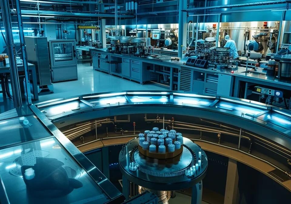 a gleaming, state-of-the-art pharmaceutical tablet manufacturing facility filled with vibrant machinery and pristine workspaces, bathed in bright, even lighting that showcases the meticulous production process.
