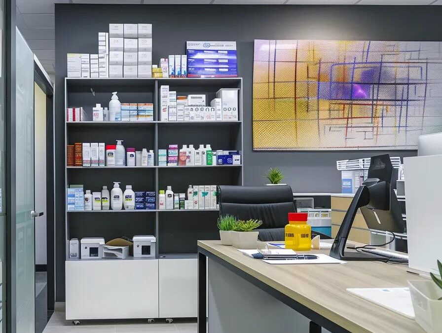 a modern, well-organized pharmaceutical office radiates professionalism, showcasing sleek desks, vibrant medical products, and insightful charts on success strategies for pcd pharma franchises in 2024, bathed in bright, natural light.