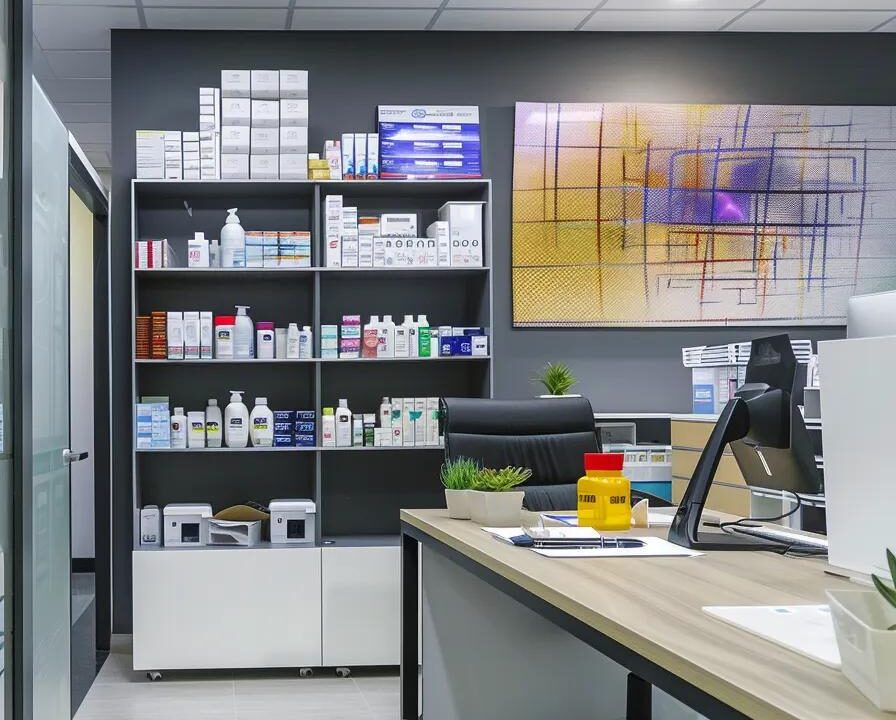 a modern, well-organized pharmaceutical office radiates professionalism, showcasing sleek desks, vibrant medical products, and insightful charts on success strategies for pcd pharma franchises in 2024, bathed in bright, natural light.