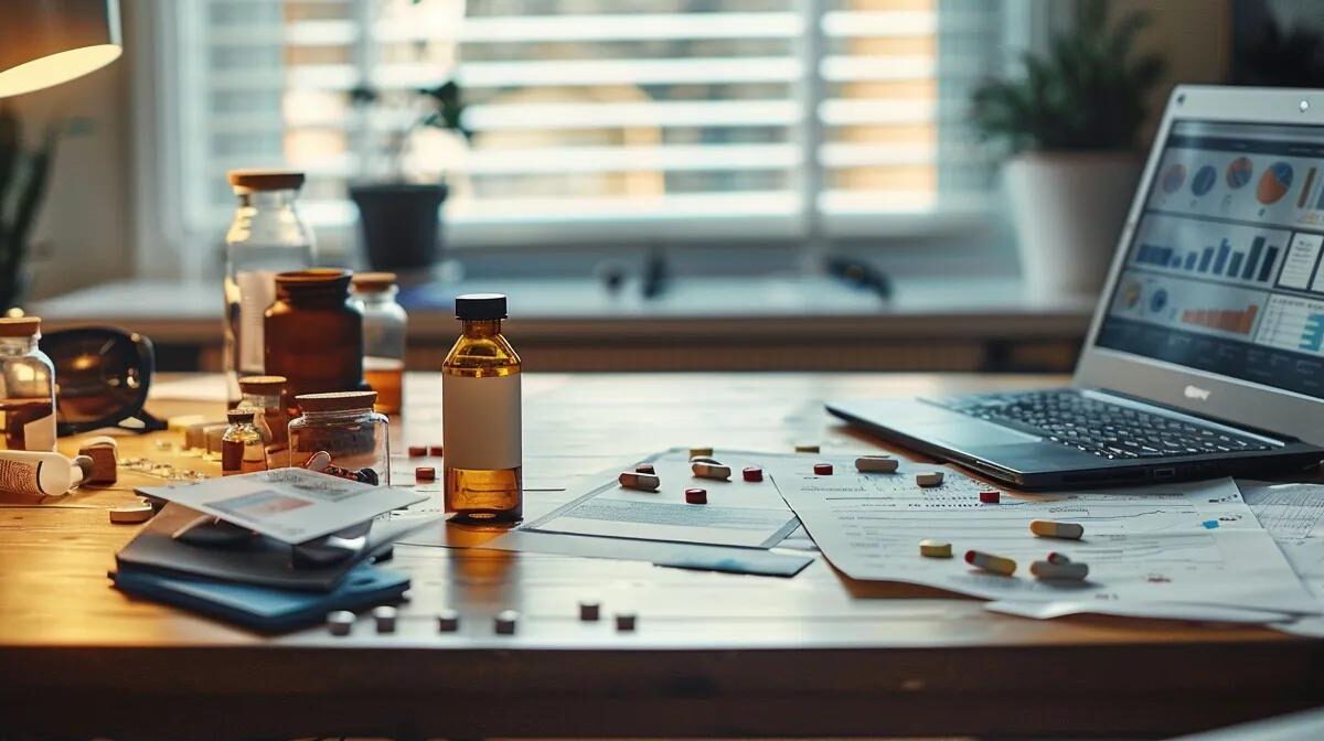 a polished desk arranged with pharmaceutical vials, investment charts, and a laptop, bathed in soft, natural light, symbolising the strategic planning required for launching a pcd pharma franchise.