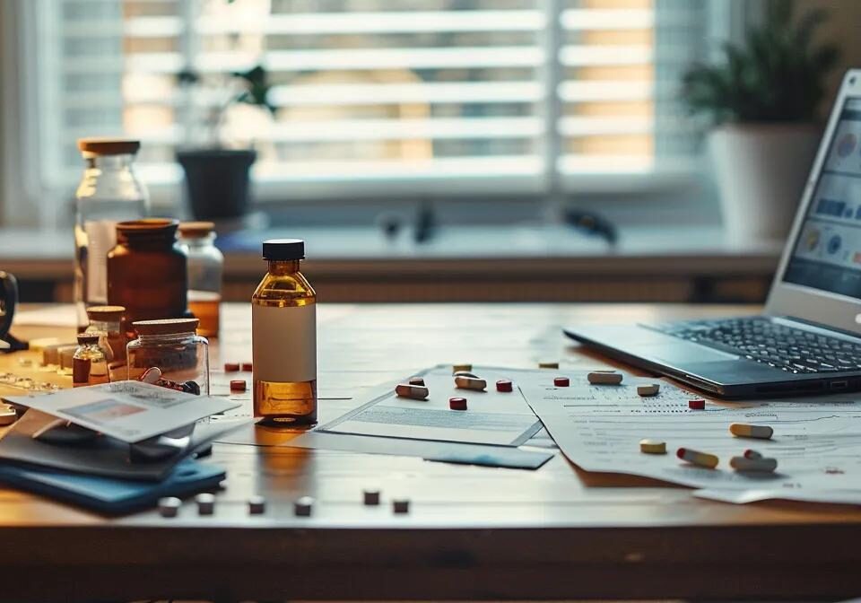a polished desk arranged with pharmaceutical vials, investment charts, and a laptop, bathed in soft, natural light, symbolising the strategic planning required for launching a pcd pharma franchise.