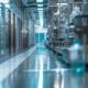 a pristine pharmaceutical manufacturing facility showcases gleaming stainless steel machinery and glass vials under bright, sterile lighting, conveying precision and innovation in 3rd party manufacturing.