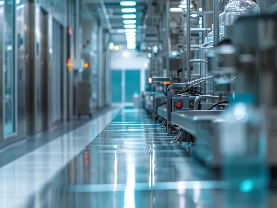 a pristine pharmaceutical manufacturing facility showcases gleaming stainless steel machinery and glass vials under bright, sterile lighting, conveying precision and innovation in 3rd party manufacturing.