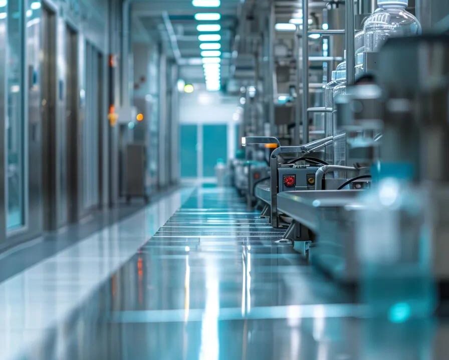 a pristine pharmaceutical manufacturing facility showcases gleaming stainless steel machinery and glass vials under bright, sterile lighting, conveying precision and innovation in 3rd party manufacturing.