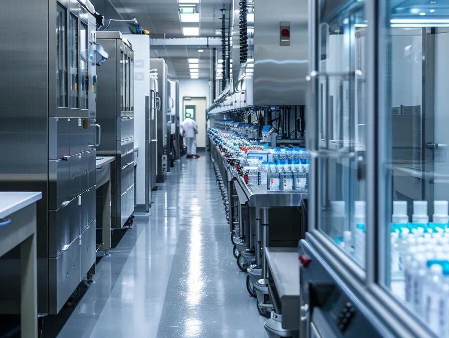 a sleek and modern pharmaceutical facility, gleaming under bright, sterile lights, showcases rows of sophisticated equipment and vibrant vials, embodying the cutting-edge innovation of a pcd franchise company.