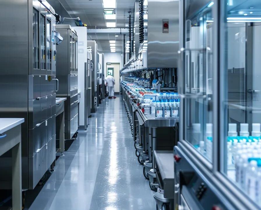 a sleek and modern pharmaceutical facility, gleaming under bright, sterile lights, showcases rows of sophisticated equipment and vibrant vials, embodying the cutting-edge innovation of a pcd franchise company.