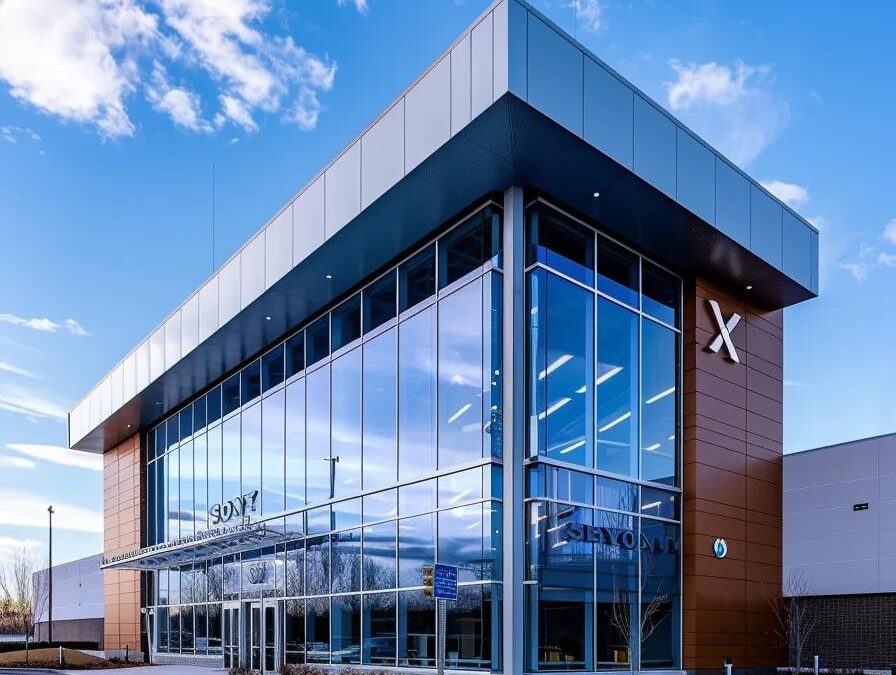 a sleek, modern pharmaceutical facility stands under a vibrant blue sky, showcasing the emblematic logo of a prominent franchise company illuminated by bright natural light, symbolizing innovation and trust in medicine.