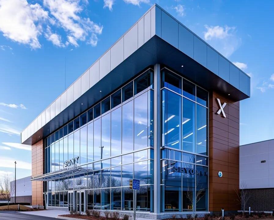 a sleek, modern pharmaceutical facility stands under a vibrant blue sky, showcasing the emblematic logo of a prominent franchise company illuminated by bright natural light, symbolizing innovation and trust in medicine.