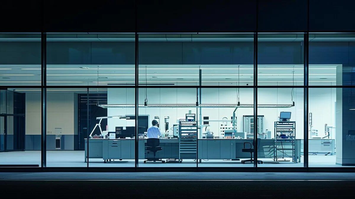 a sleek, modern pharmaceutical lab illuminated by bright, sterile lighting showcases advanced quality assurance practices, with large glass windows revealing meticulous technicians conducting robust testing amidst high-tech equipment.