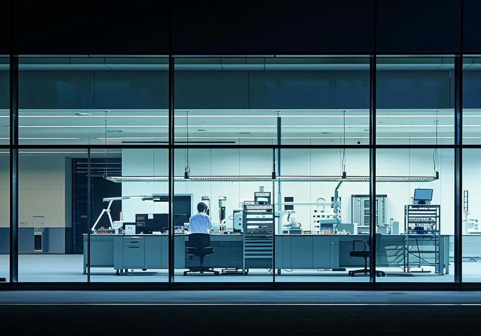 a sleek, modern pharmaceutical lab illuminated by bright, sterile lighting showcases advanced quality assurance practices, with large glass windows revealing meticulous technicians conducting robust testing amidst high-tech equipment.