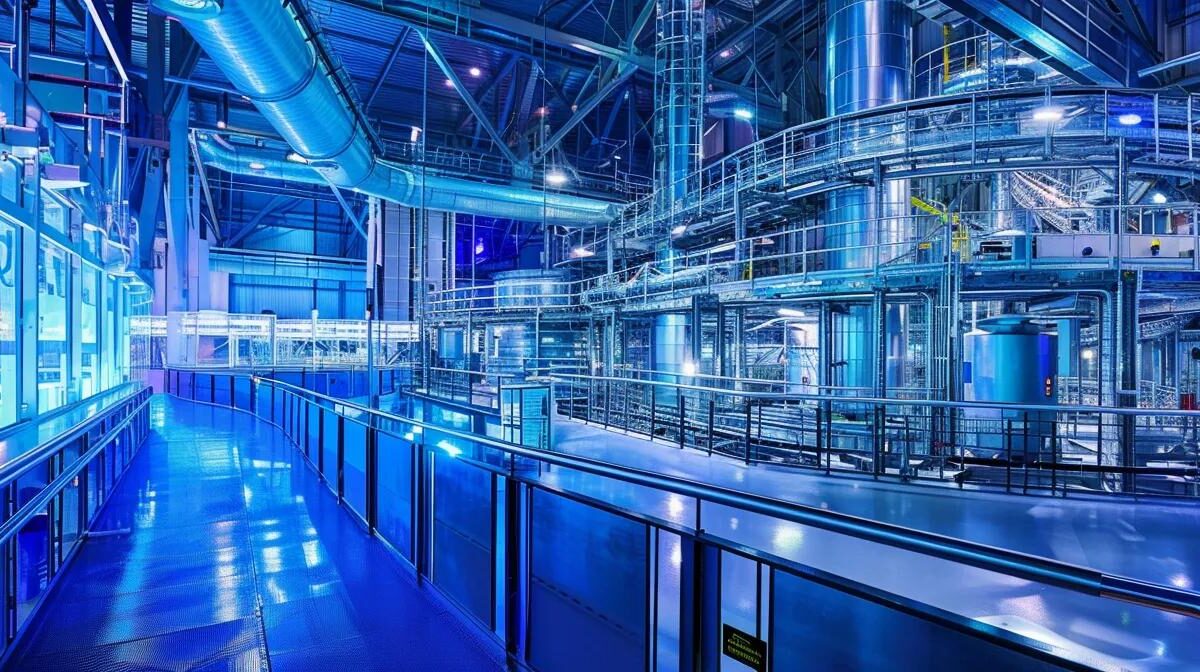 a sleek, modern pharmaceutical manufacturing facility, bathed in soft blue light, showcases cutting-edge machinery and technology that embodies the innovations reshaping third-party manufacturing.