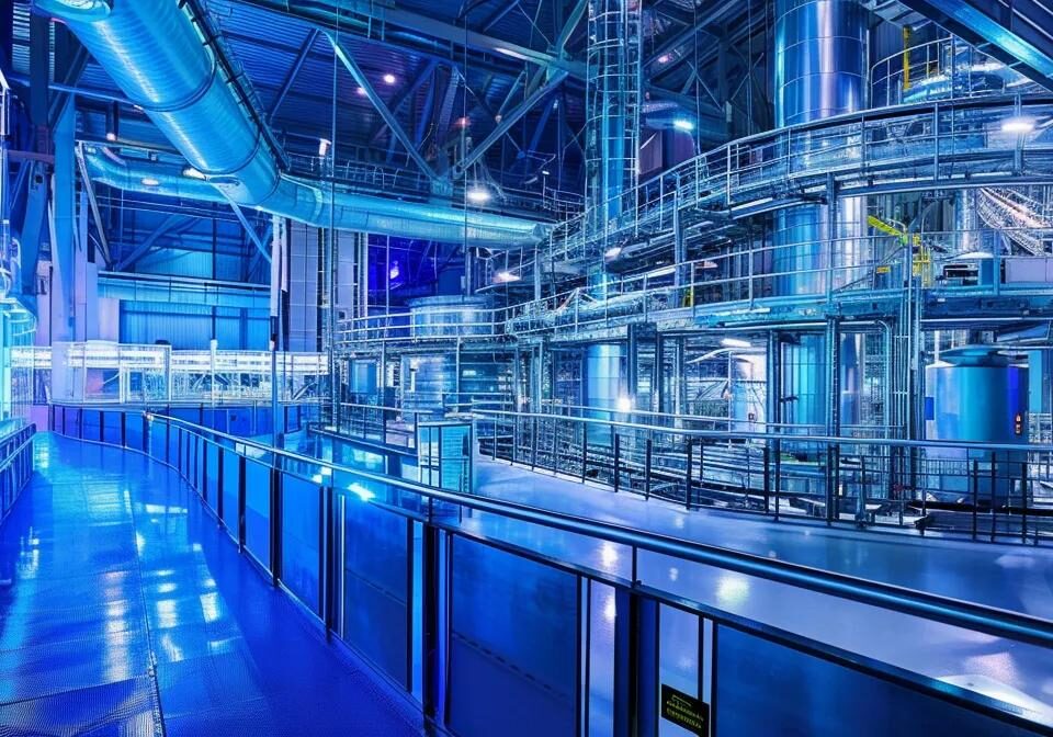 a sleek, modern pharmaceutical manufacturing facility, bathed in soft blue light, showcases cutting-edge machinery and technology that embodies the innovations reshaping third-party manufacturing.