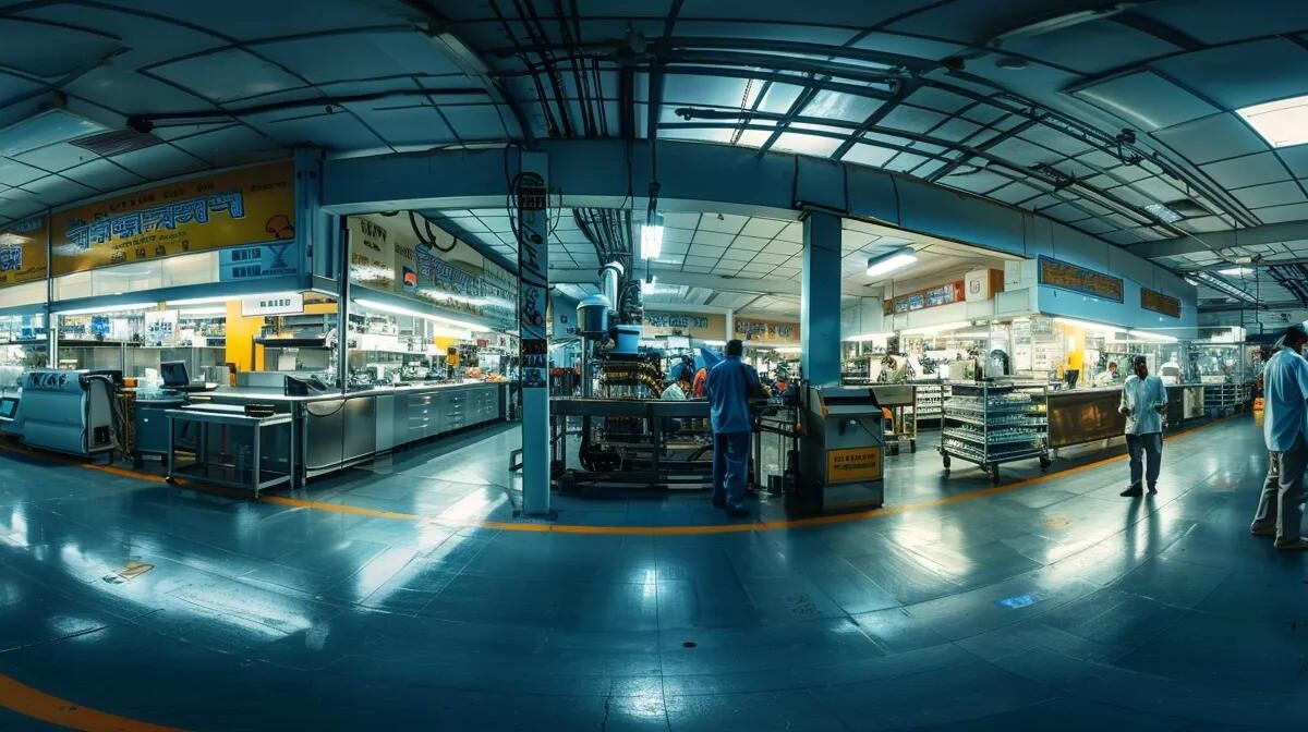 a vibrant and modern assembly line showcasing tablet manufacturing in india, with gleaming machinery and bustling workers in a pristine pharmaceutical facility illuminated by soft, overhead lighting.