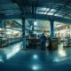 a vibrant and modern assembly line showcasing tablet manufacturing in india, with gleaming machinery and bustling workers in a pristine pharmaceutical facility illuminated by soft, overhead lighting.