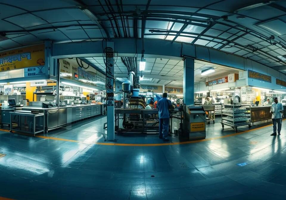 a vibrant and modern assembly line showcasing tablet manufacturing in india, with gleaming machinery and bustling workers in a pristine pharmaceutical facility illuminated by soft, overhead lighting.