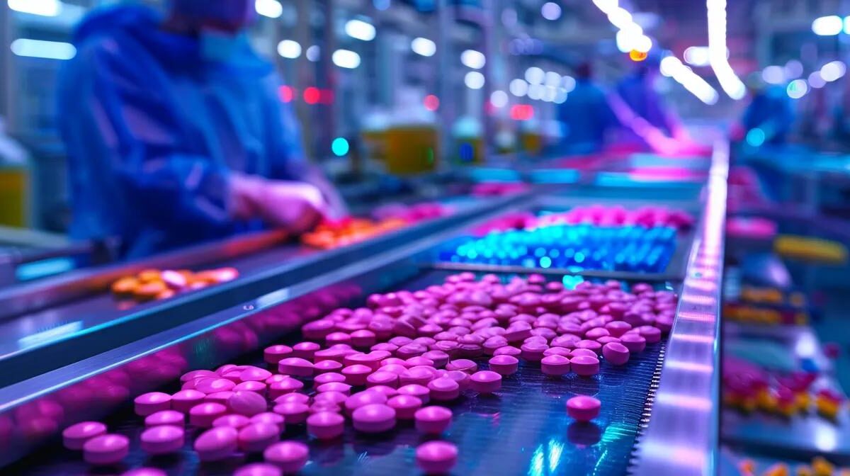 a vibrant, bustling pharmaceutical manufacturing facility in india, showcasing gleaming machinery and colorful medicine packaging under bright, natural lighting, with workers focused on quality control in the background.