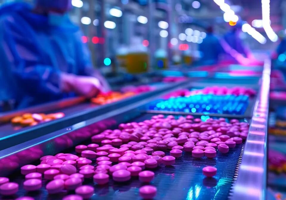 a vibrant, bustling pharmaceutical manufacturing facility in india, showcasing gleaming machinery and colorful medicine packaging under bright, natural lighting, with workers focused on quality control in the background.
