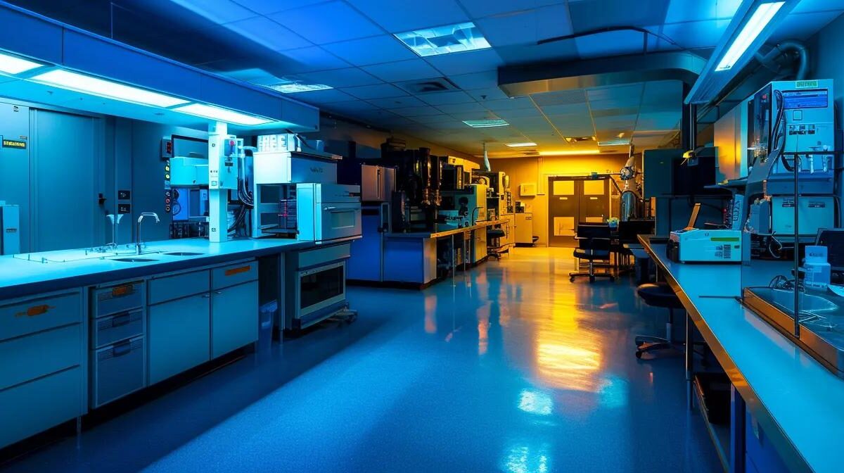 a vibrant, high-contrast image of a modern pharmaceutical manufacturing facility, showcasing sleek machinery and lab equipment illuminated by bright overhead lights, symbolising the complex interplay between order volume and customised production costs in third-party manufacturing.