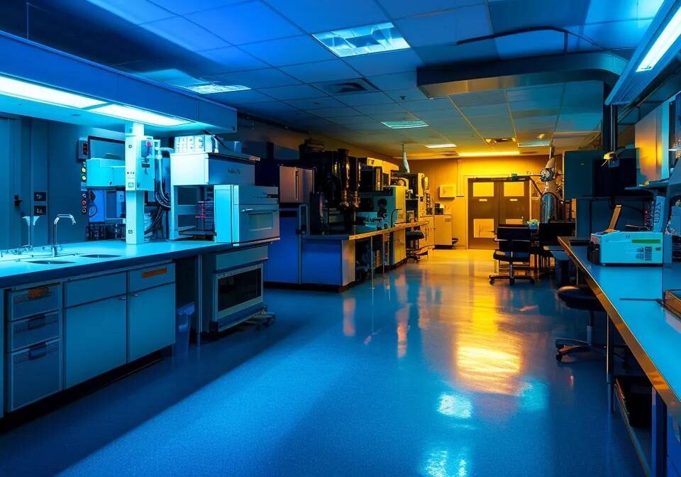 a vibrant, high-contrast image of a modern pharmaceutical manufacturing facility, showcasing sleek machinery and lab equipment illuminated by bright overhead lights, symbolising the complex interplay between order volume and customised production costs in third-party manufacturing.