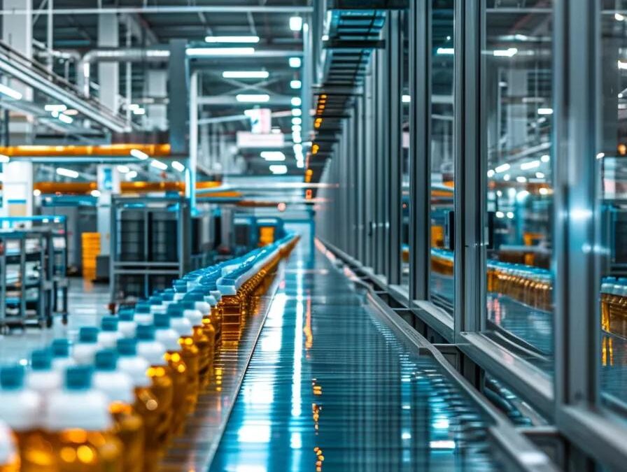 a vibrant pharmaceutical manufacturing facility bustling with activity, showcasing gleaming machinery and meticulously organized production lines under bright, sterile lighting.