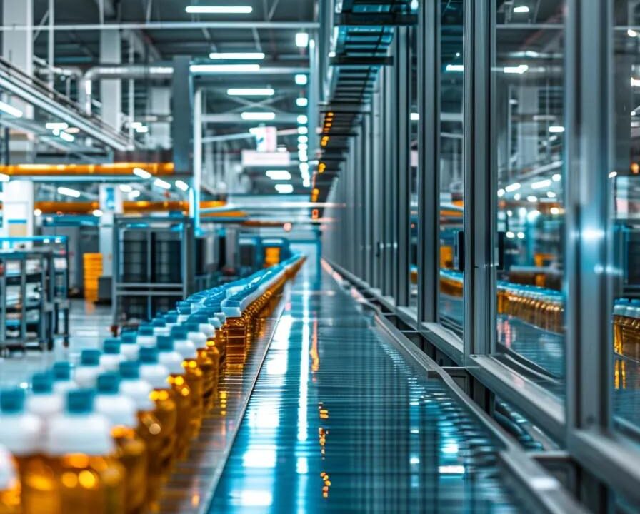 a vibrant pharmaceutical manufacturing facility bustling with activity, showcasing gleaming machinery and meticulously organized production lines under bright, sterile lighting.