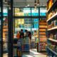 a vibrant pharmaceutical storefront bustling with activity, showcasing a diverse range of medicine products under bright, inviting lighting that highlights the health-focused atmosphere.