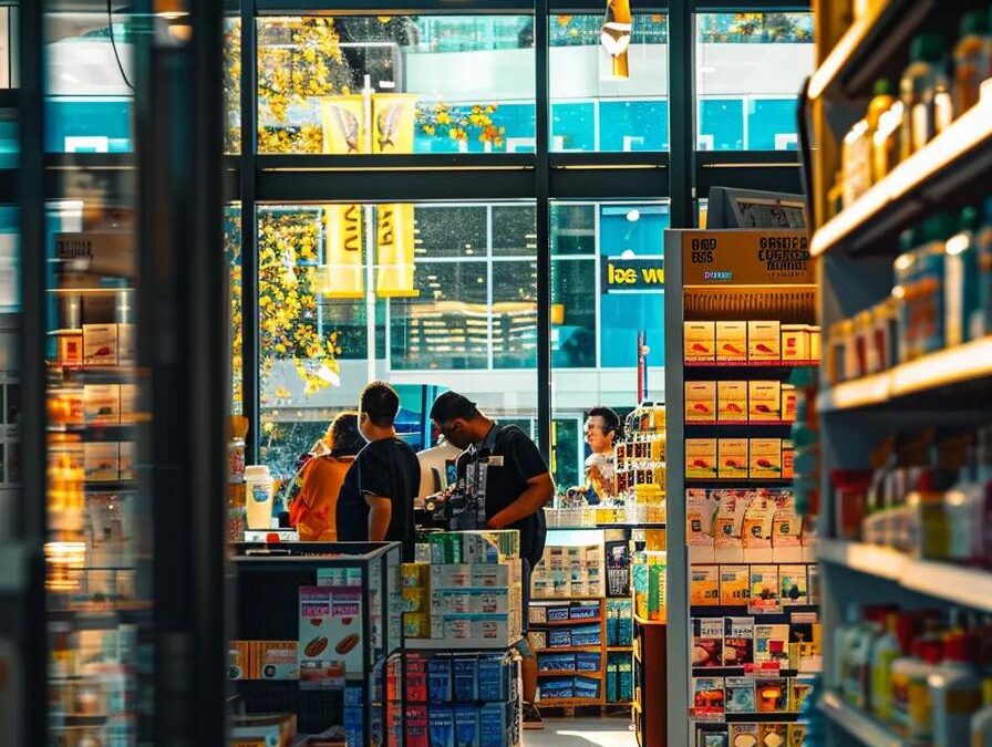 a vibrant pharmaceutical storefront bustling with activity, showcasing a diverse range of medicine products under bright, inviting lighting that highlights the health-focused atmosphere.