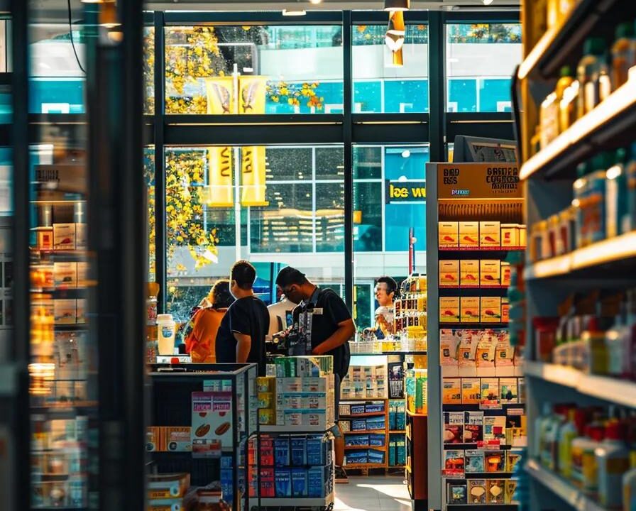 a vibrant pharmaceutical storefront bustling with activity, showcasing a diverse range of medicine products under bright, inviting lighting that highlights the health-focused atmosphere.