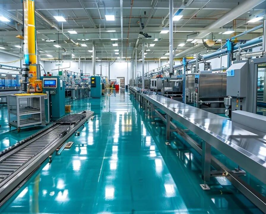a vibrant, sprawling pharmaceutical manufacturing facility in india, showcasing gleaming machinery and organized production lines under bright, sterile lighting, emphasizing innovation and efficiency in medicine production.