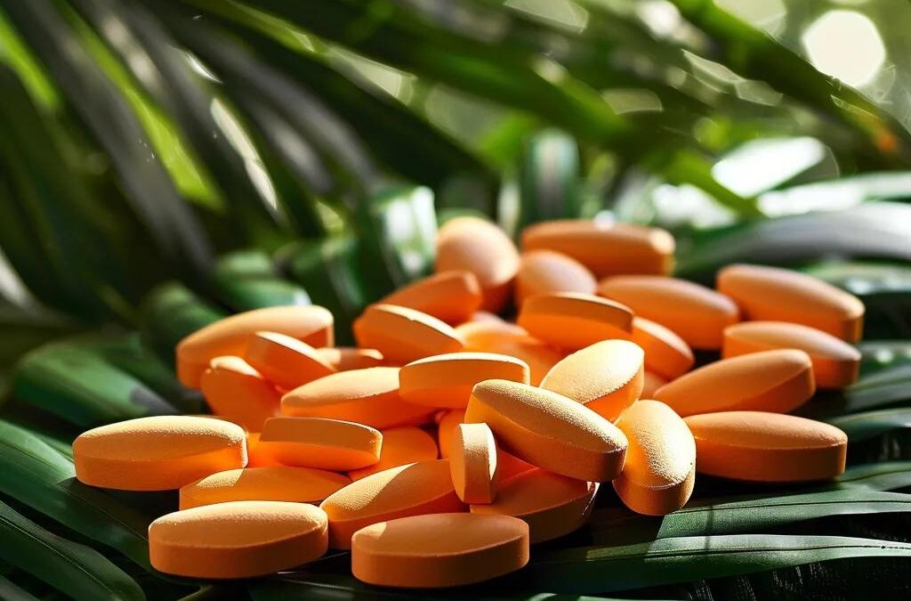 a vibrant arrangement of carica papaya leaf extract tablets set against a lush green backdrop, highlighting their natural origins and health benefits with a soft, diffused sunlight illuminating the scene.