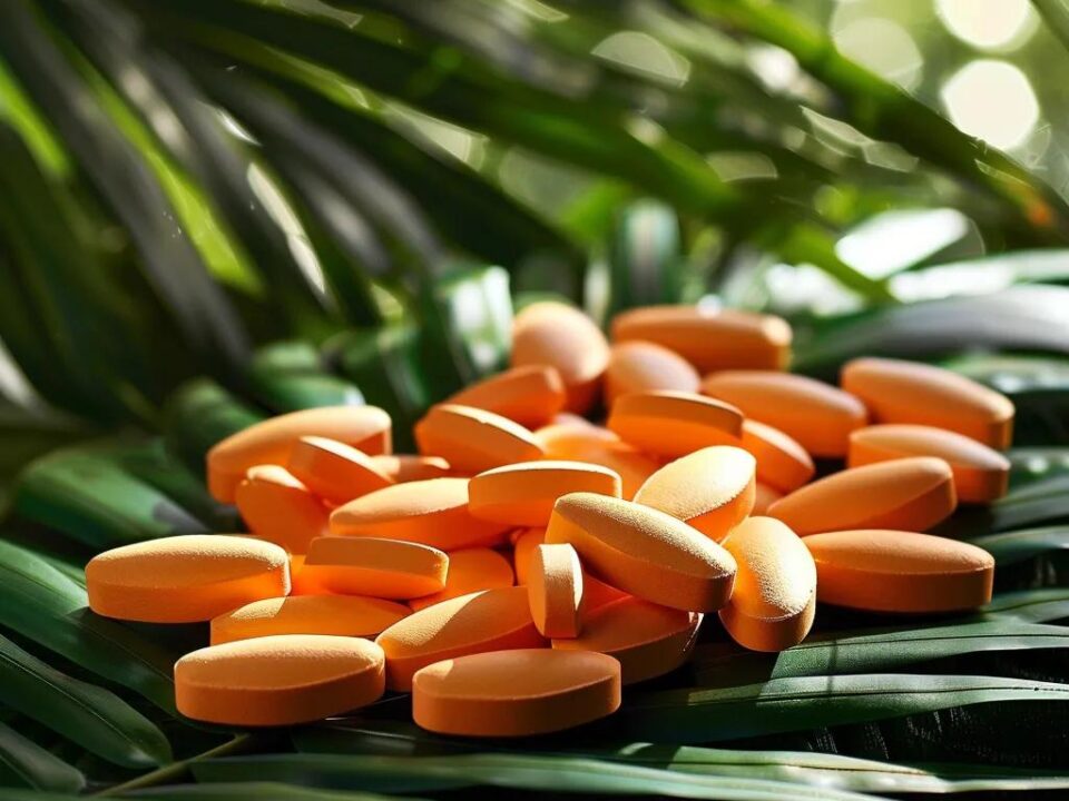 a vibrant arrangement of carica papaya leaf extract tablets set against a lush green backdrop, highlighting their natural origins and health benefits with a soft, diffused sunlight illuminating the scene.