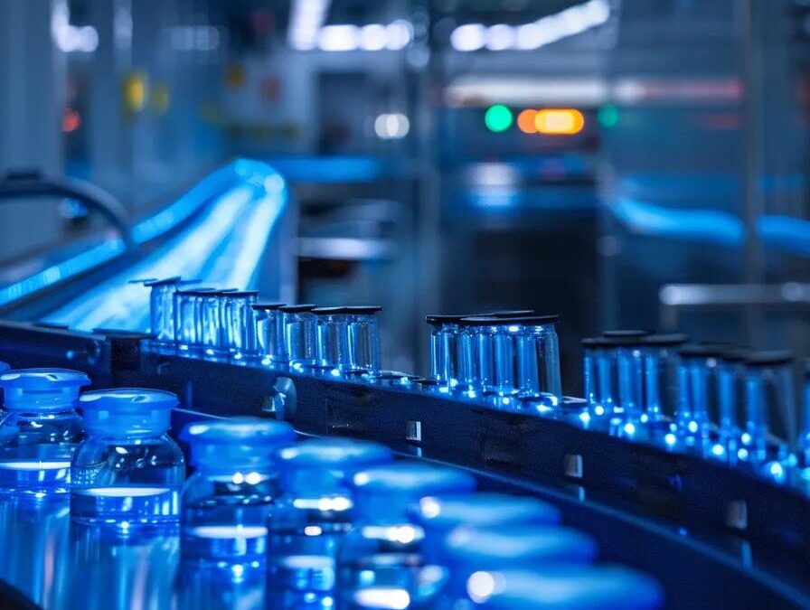 a pristine laboratory filled with gleaming stainless steel equipment and vibrant vials, illuminated by soft, focused lighting that highlights the meticulous process of third-party pharmaceutical manufacturing.