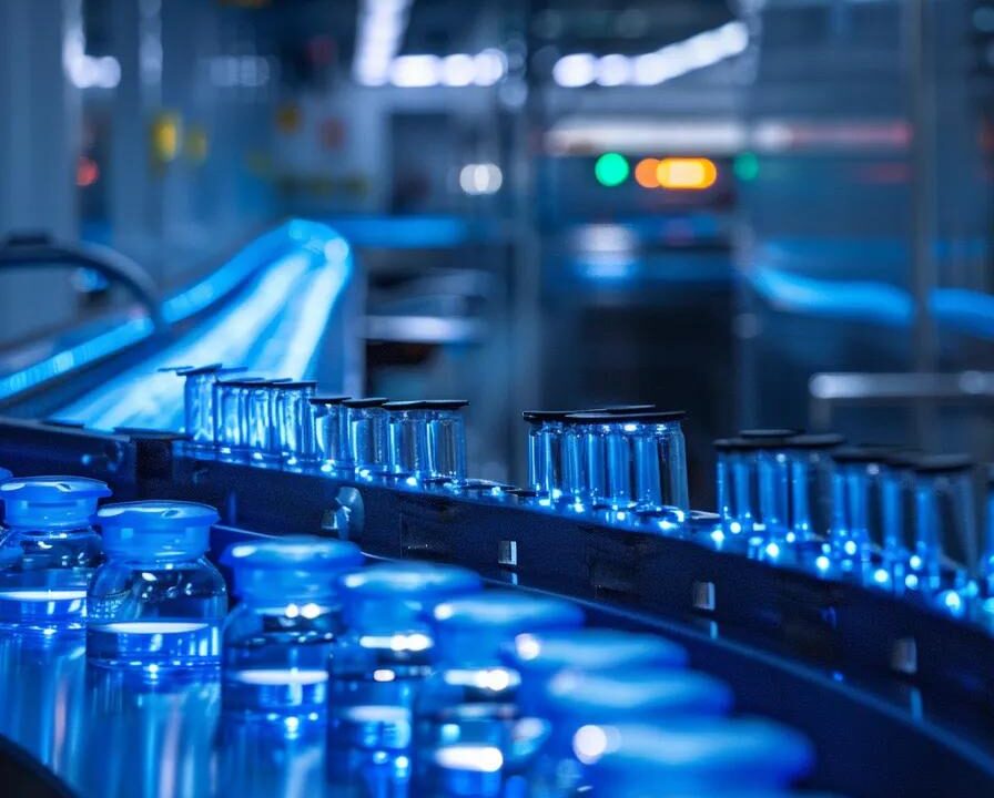 a pristine laboratory filled with gleaming stainless steel equipment and vibrant vials, illuminated by soft, focused lighting that highlights the meticulous process of third-party pharmaceutical manufacturing.