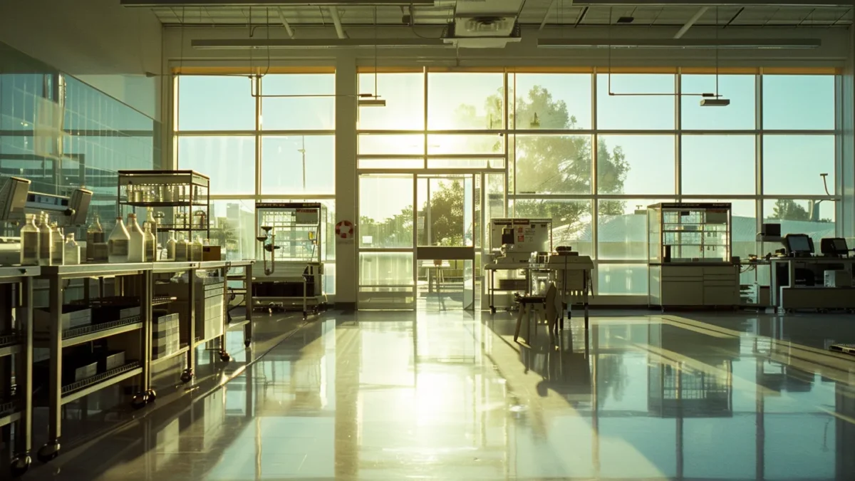 a pristine laboratory filled with gleaming glassware and advanced equipment, illuminated by soft, natural light filtering through large windows, showcases the cutting-edge innovation of a pharmaceutical product manufacturer.