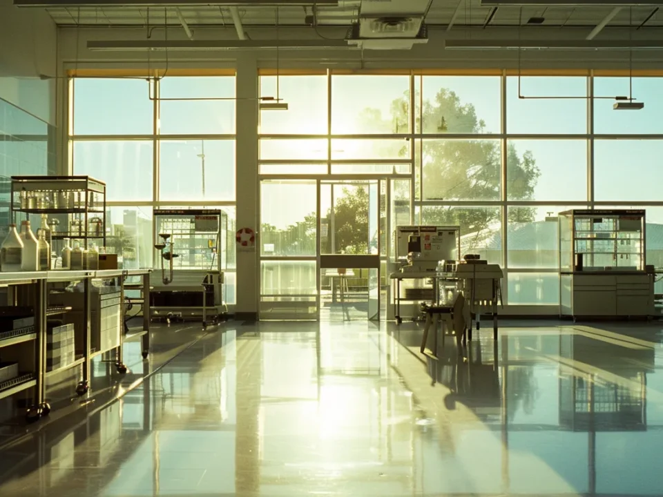 a pristine laboratory filled with gleaming glassware and advanced equipment, illuminated by soft, natural light filtering through large windows, showcases the cutting-edge innovation of a pharmaceutical product manufacturer.
