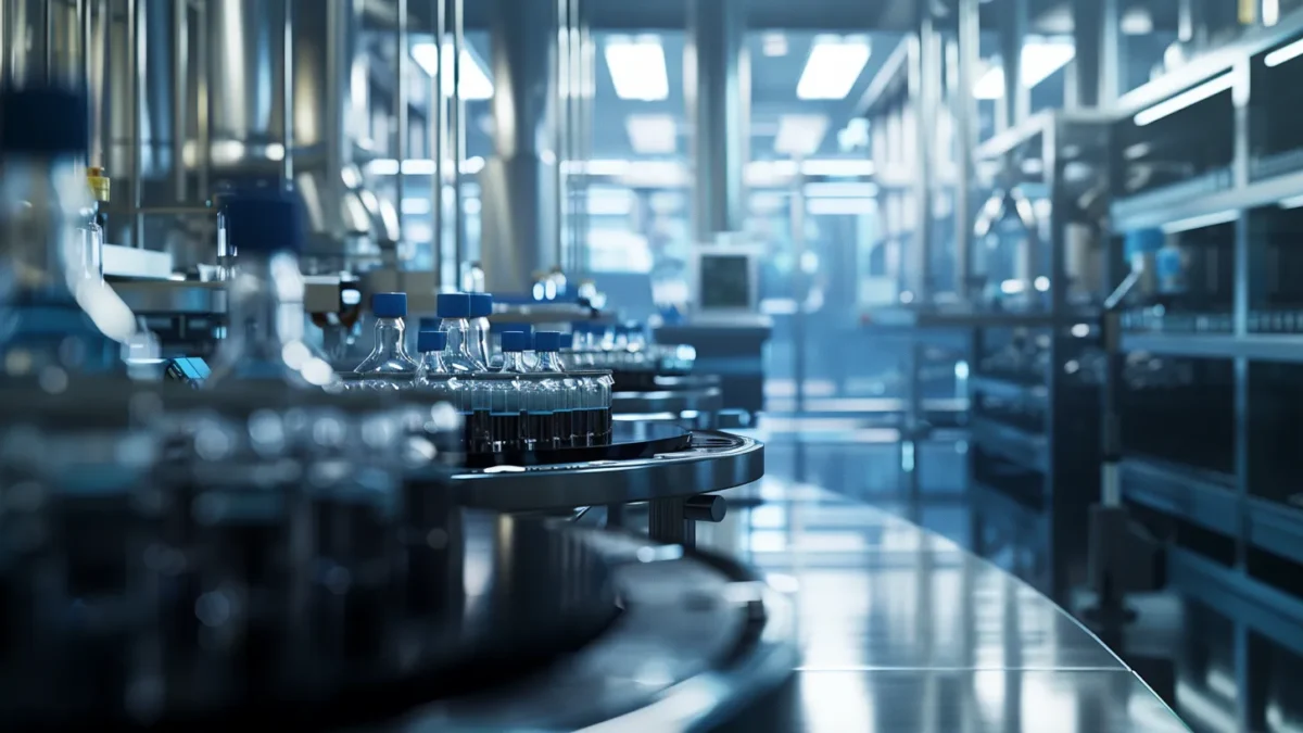 a pristine pharmaceutical manufacturing facility bathed in soft, diffused light showcases gleaming stainless steel equipment and meticulously arranged vials, reflecting an atmosphere of precision and innovation.