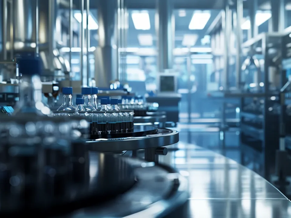 a pristine pharmaceutical manufacturing facility bathed in soft, diffused light showcases gleaming stainless steel equipment and meticulously arranged vials, reflecting an atmosphere of precision and innovation.