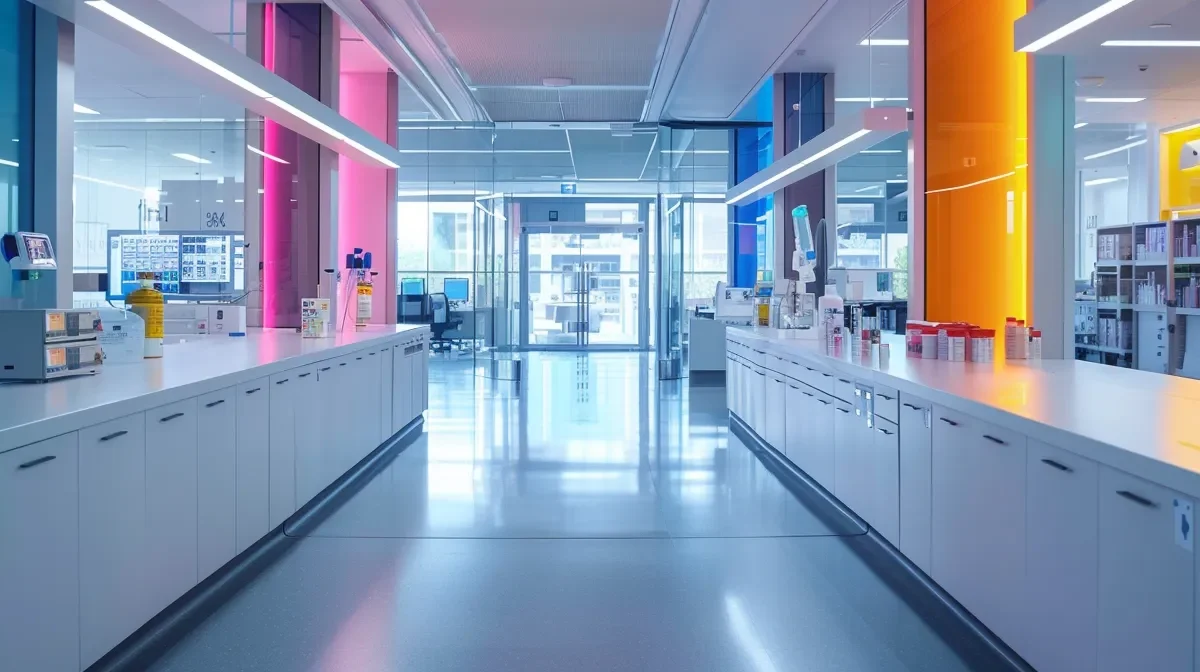 a striking image of a modern pharmaceutical laboratory, illuminated by bright daylight, showcasing sleek, state-of-the-art equipment and vibrant display panels highlighting various branded medicine franchises, symbolising innovation and entrepreneurial spirit in the pharmaceutical industry.