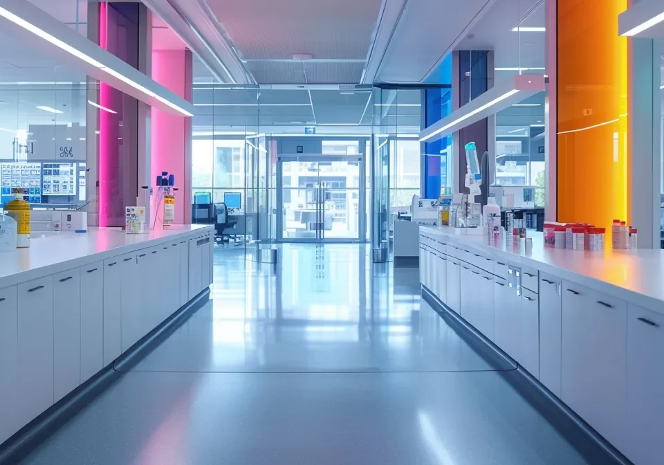 a striking image of a modern pharmaceutical laboratory, illuminated by bright daylight, showcasing sleek, state-of-the-art equipment and vibrant display panels highlighting various branded medicine franchises, symbolising innovation and entrepreneurial spirit in the pharmaceutical industry.
