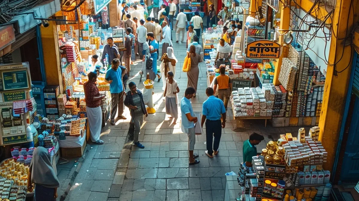 a vibrant market scene in india bustling with activity, showcasing colourful pharmaceutical stalls filled with diverse medicines, framed by the warm glow of early morning sunlight filtering through the crowd.